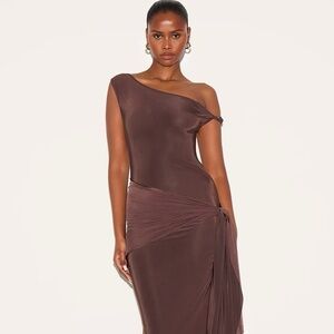 Chocolate Slinky Off Shoulder Wrap Detail Maxi Dress
